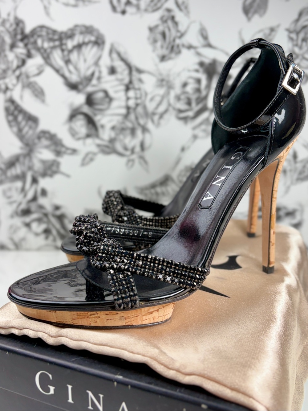 Gina Patent Leather 5” Cork Wrapped Platform Heel w/ Rhinestone Strap, Sz 11 - Picture 4 of 9
